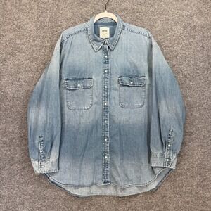 Aerie Shirt Womens Large Light Wash Denim Pearl Snap Oversized Western Cowgirl